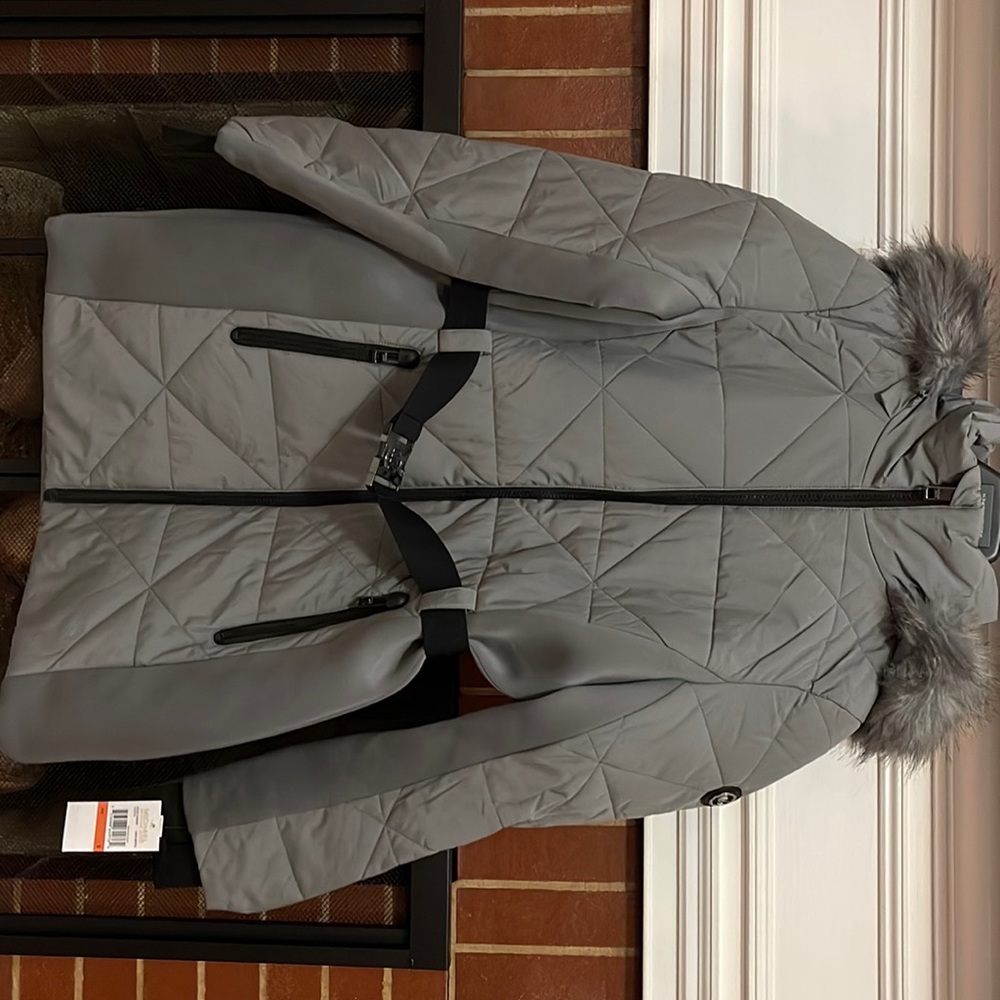 Michael Kors Puffer Coat with Faux Fur Trim Hood Gun Metal - Small
